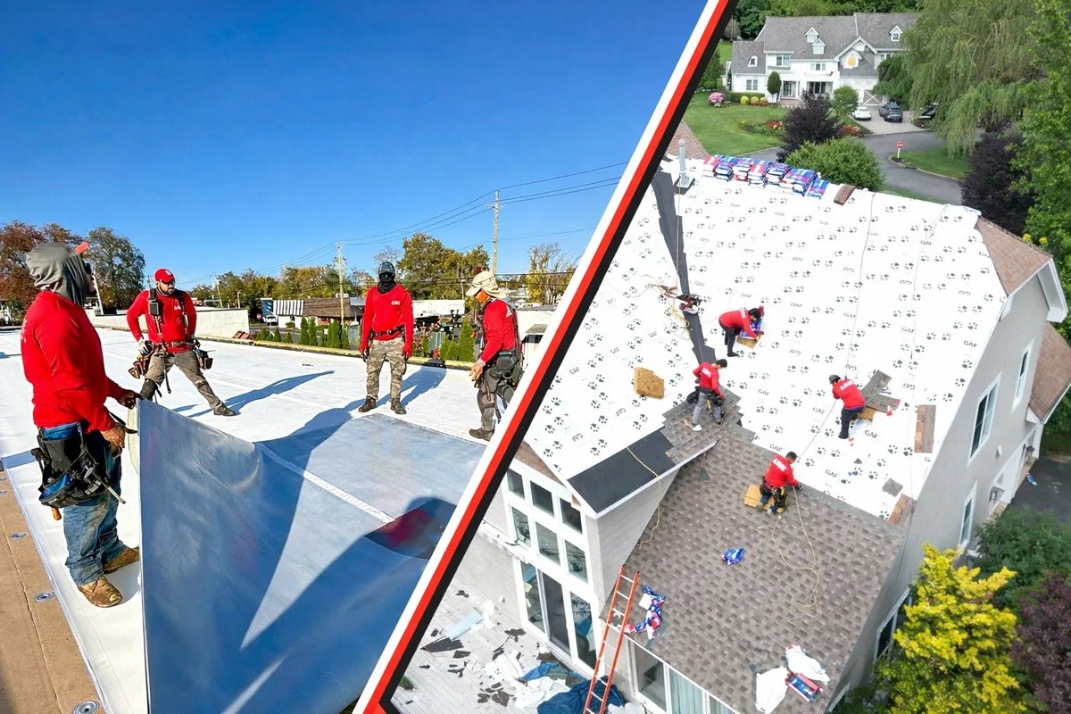 Commercial flat roof membrane installation and residential shingle roof replacement by Elite Roofing crews