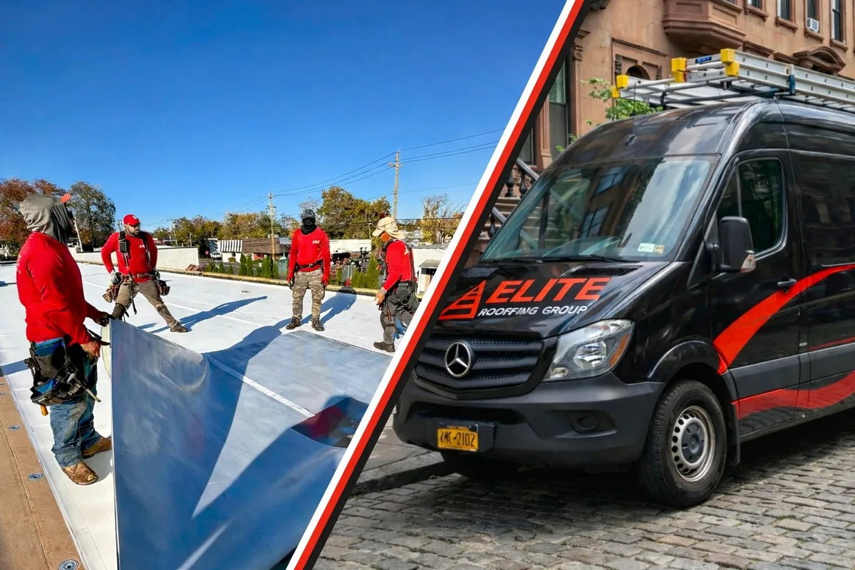 Elite Roofing Group crew installing a commercial flat roof membrane and branded service van in NYC